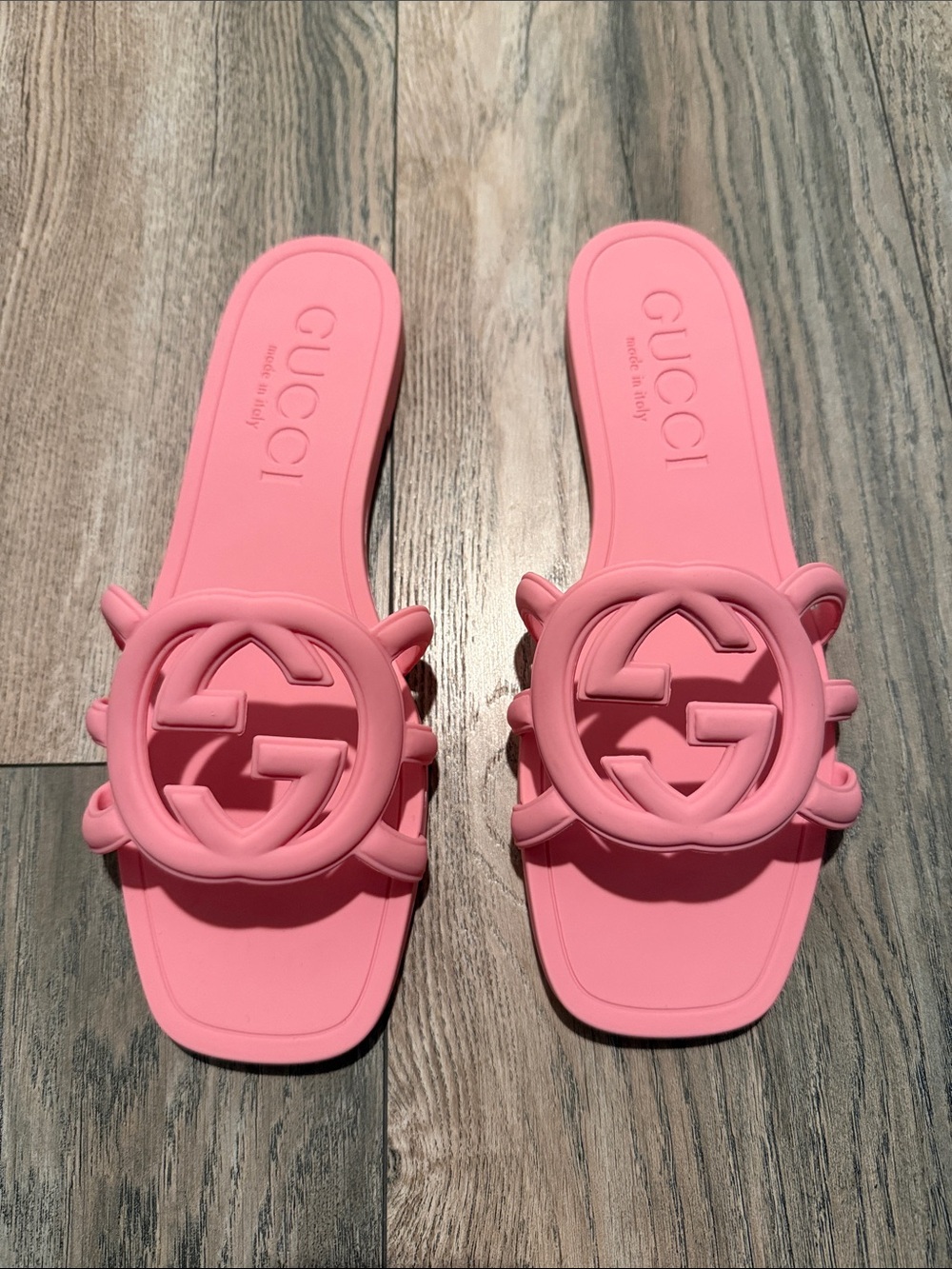 Gucci Pink Rubber GG Slide Sandals